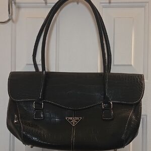 Prada Black Croc-Embossed Shoulder Bag